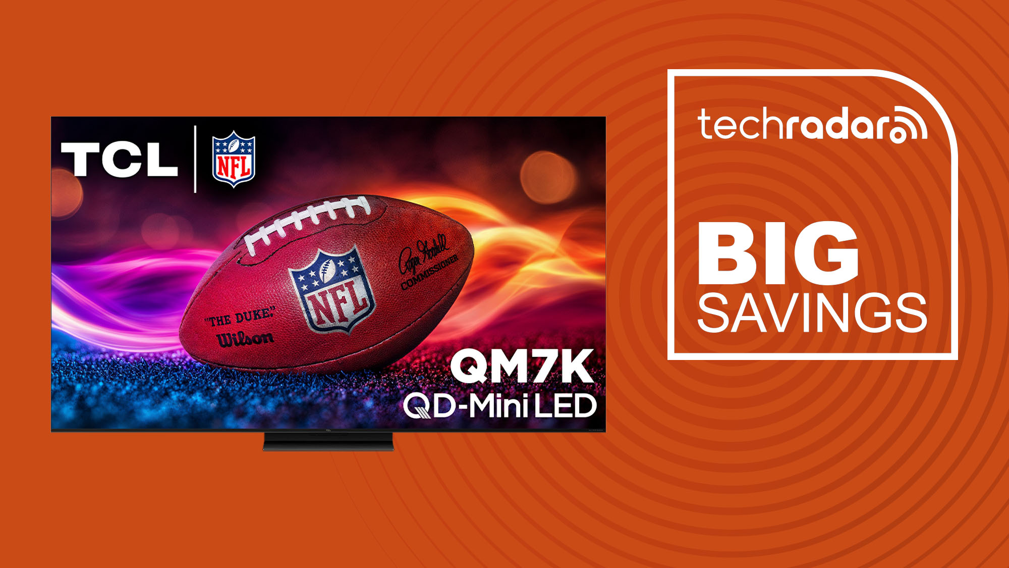 55-inch TCL QM7K Series 4K UHD HDR QD Mini LED Smart TV on orange background with TechRadar big savings sign
