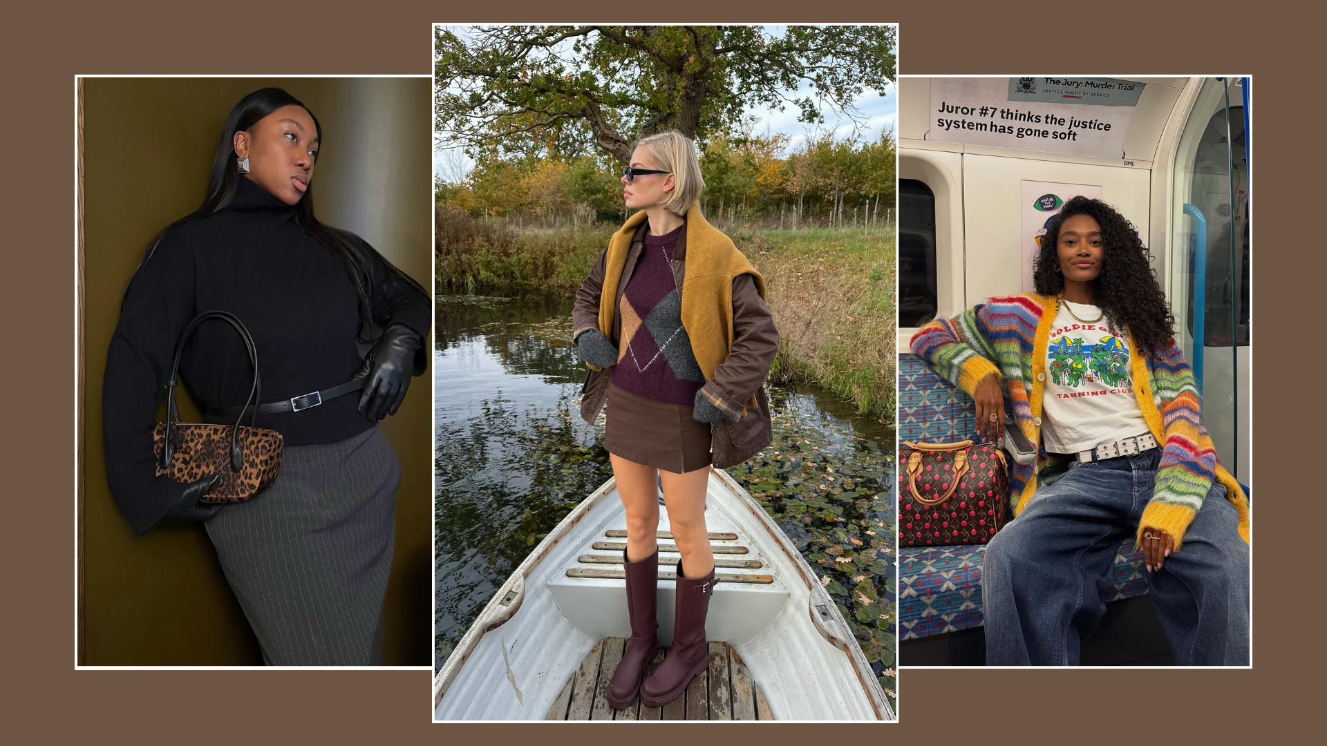 Three winter knitwear trends 2025 worn by three fashion people. 