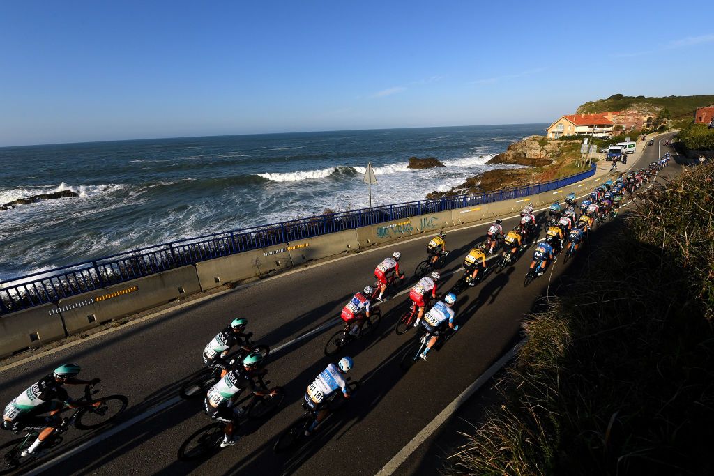 SUANCES SPAIN OCTOBER 30 Pascal Ackermann of Germany and Team BORA Hansgrohe Rudiger Selig of Germany and Team BORA Hansgrohe Guillaume Martin of France and Team Cofidis Solutions Credits Polka Dot Mountain Jersey Peloton Cantabrian Sea Landscape during the 75th Tour of Spain 2020 Stage 10 a 185km stage from Castro Urdiales to Suances lavuelta LaVuelta20 La Vuelta on October 30 2020 in Suances Spain Photo by David RamosGetty Images