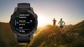 Garmin Epix watch superimposed over image of two runners at sunset