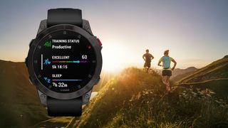 Garmin Epix(他们刚刚与叠加在图像上的看日落时两个跑步者