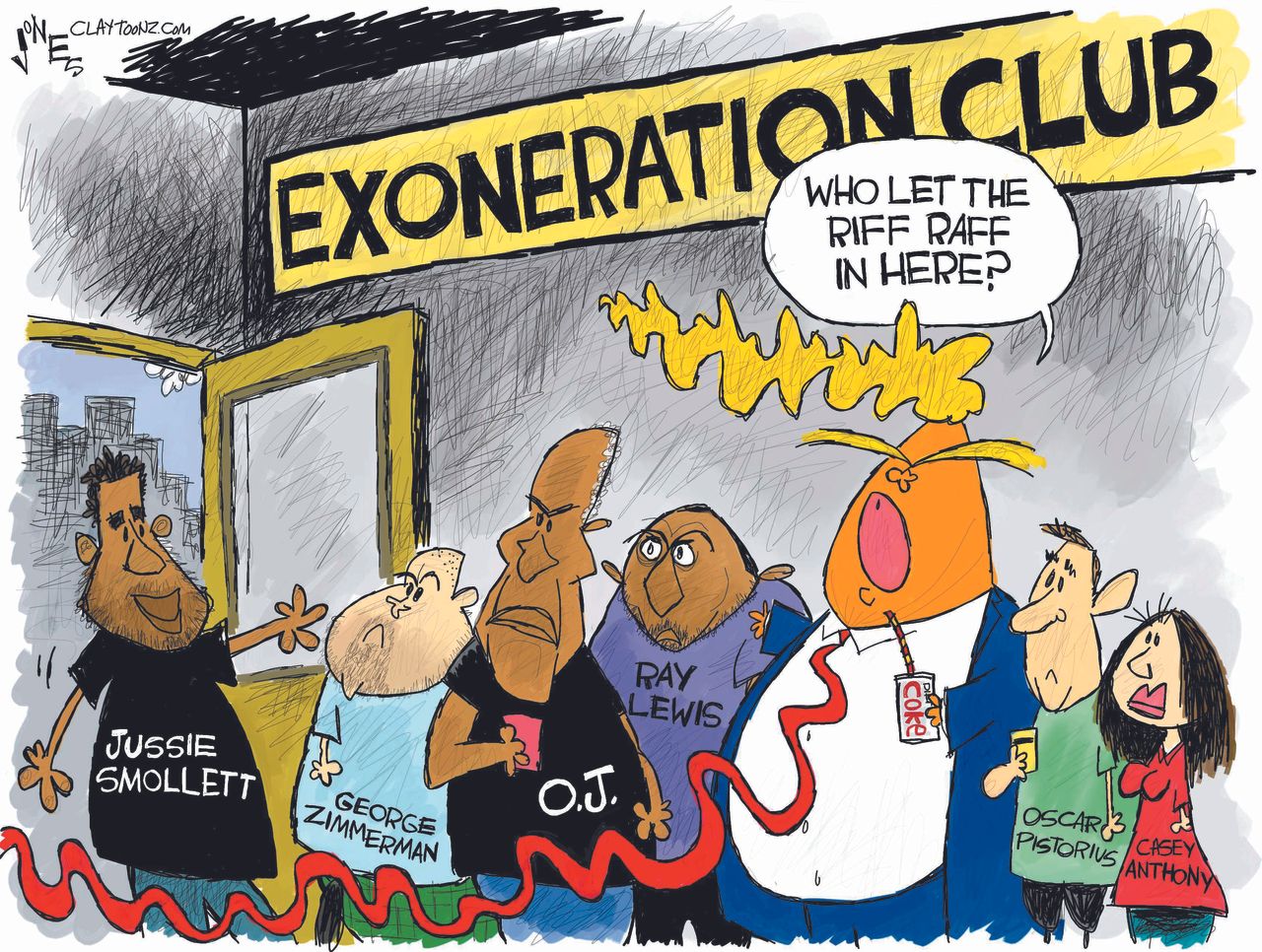 Political Cartoon U.S. Exoneration club Trump O.J. Jussie Smollett George Zimmerman Ray Lewis Casey Anthony Oscar Pistorius