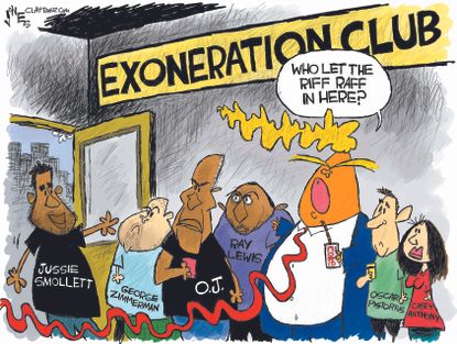 Political Cartoon U.S. Exoneration club Trump O.J. Jussie Smollett George Zimmerman Ray Lewis Casey Anthony Oscar Pistorius