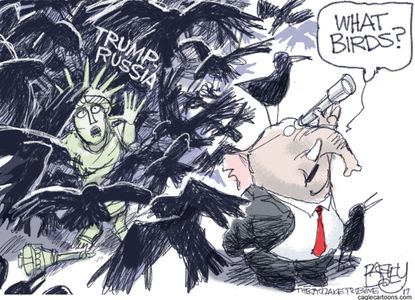 Political cartoon U.S. Trump Russia investigation birds Hitchcock