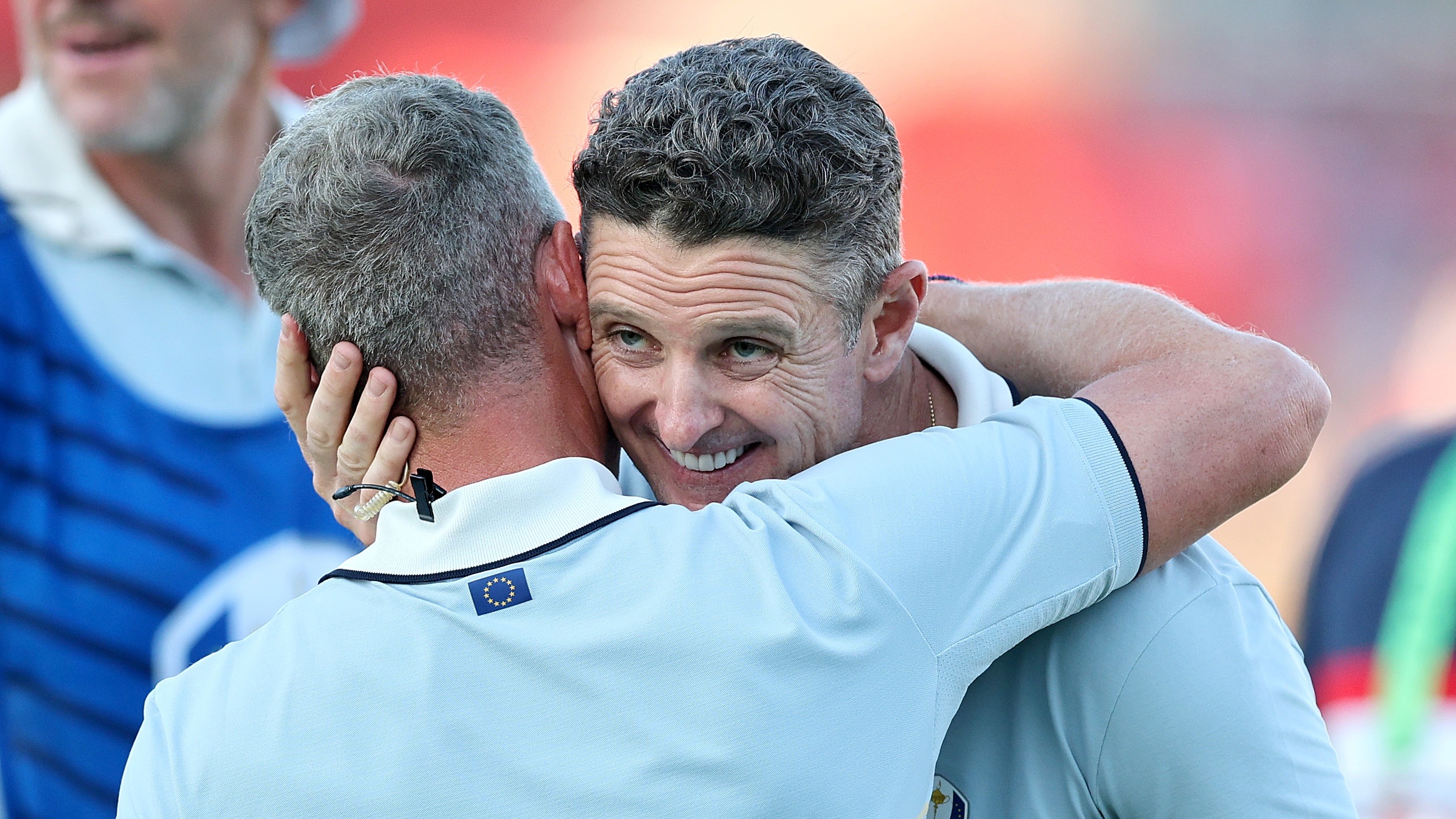 FARMINGDALE, NEW YORK - SEPTEMBER 26: Justin Rose of Team Europe celebrates with team captain Luke Donald after Rose and teammate Tommy Fleetwood defeated Bryson DeChambeau and Ben Griffin of Team United States, 1-up, during the Friday afternoon four-ball matches of the 2025 Ryder Cup at Black Course at Bethpage State Park Golf Course on September 26, 2025 in Farmingdale, New York. (Photo by Michael Reaves/PGA of America/PGA of America via Getty Images)