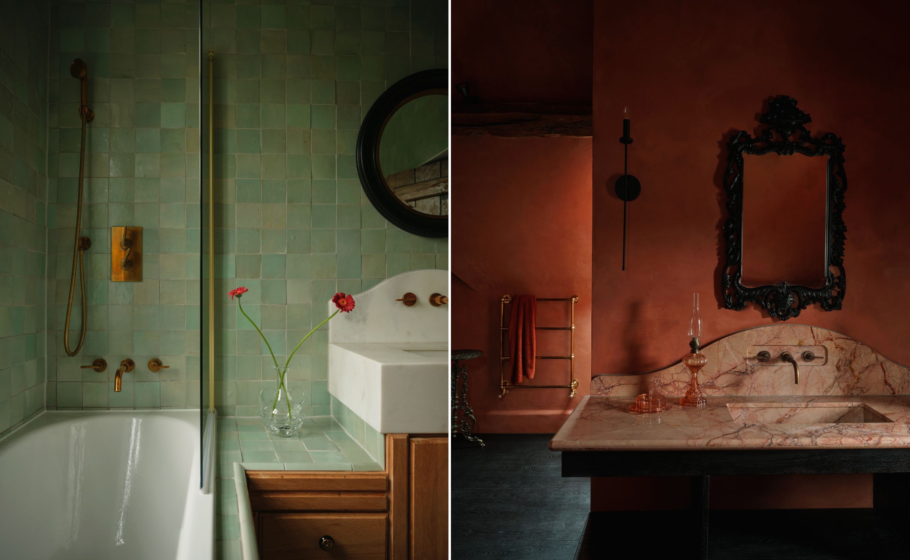 A green bathroom (L) with a view of the bathtub and sink and on the (R) is a deep red bathroom with a marbled sink and a vintage mirrow hanging above. There is also a view of a gold towel rack on the far left of the red bathroom