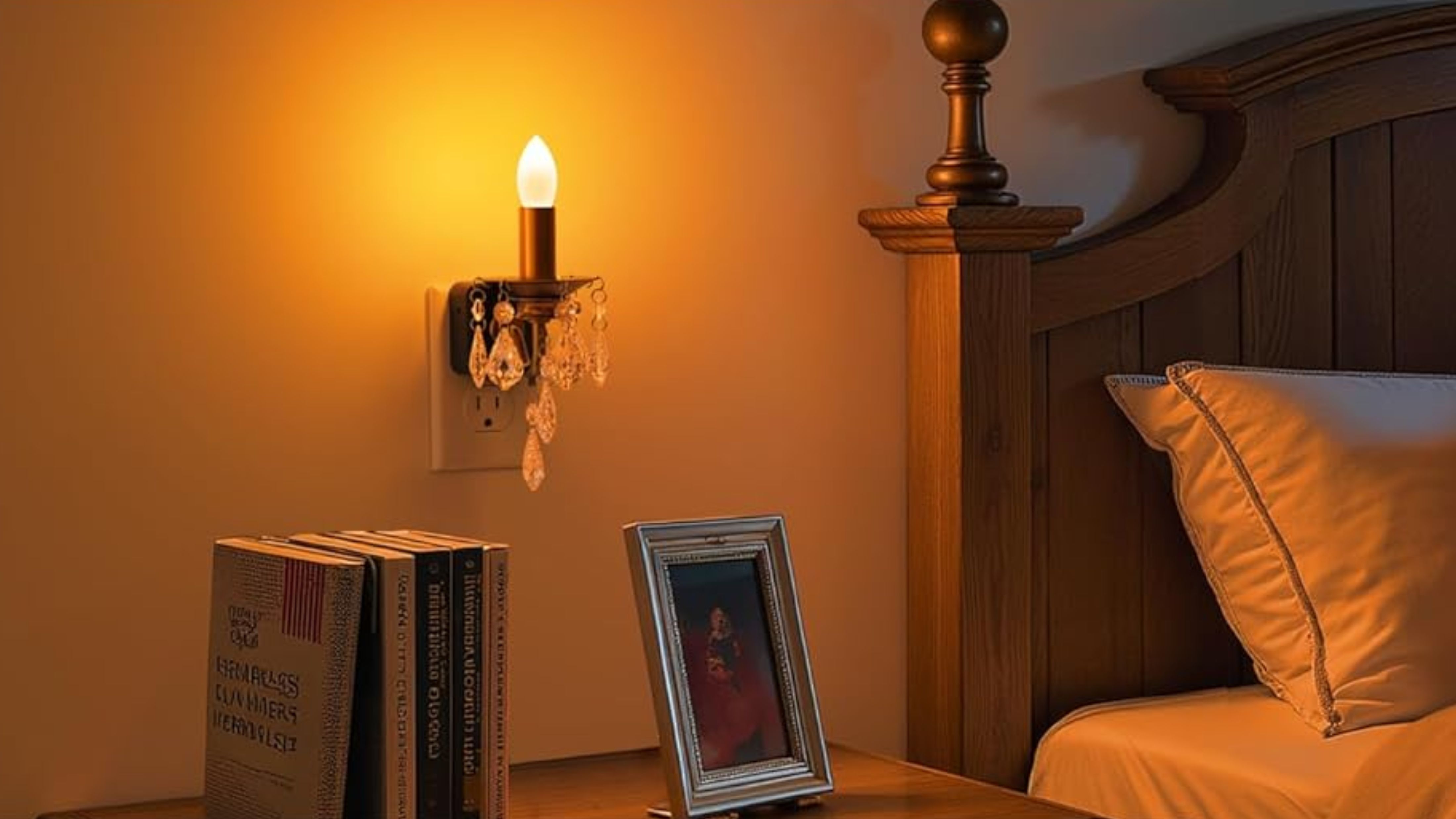 Amazon candle night light featuring a cascade of crystals styled alongside a classical wooden bed frame inside of a dimly lit room