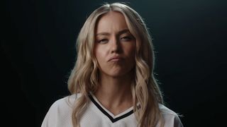 Sydney Sweeney pursing lips in ad for Novig