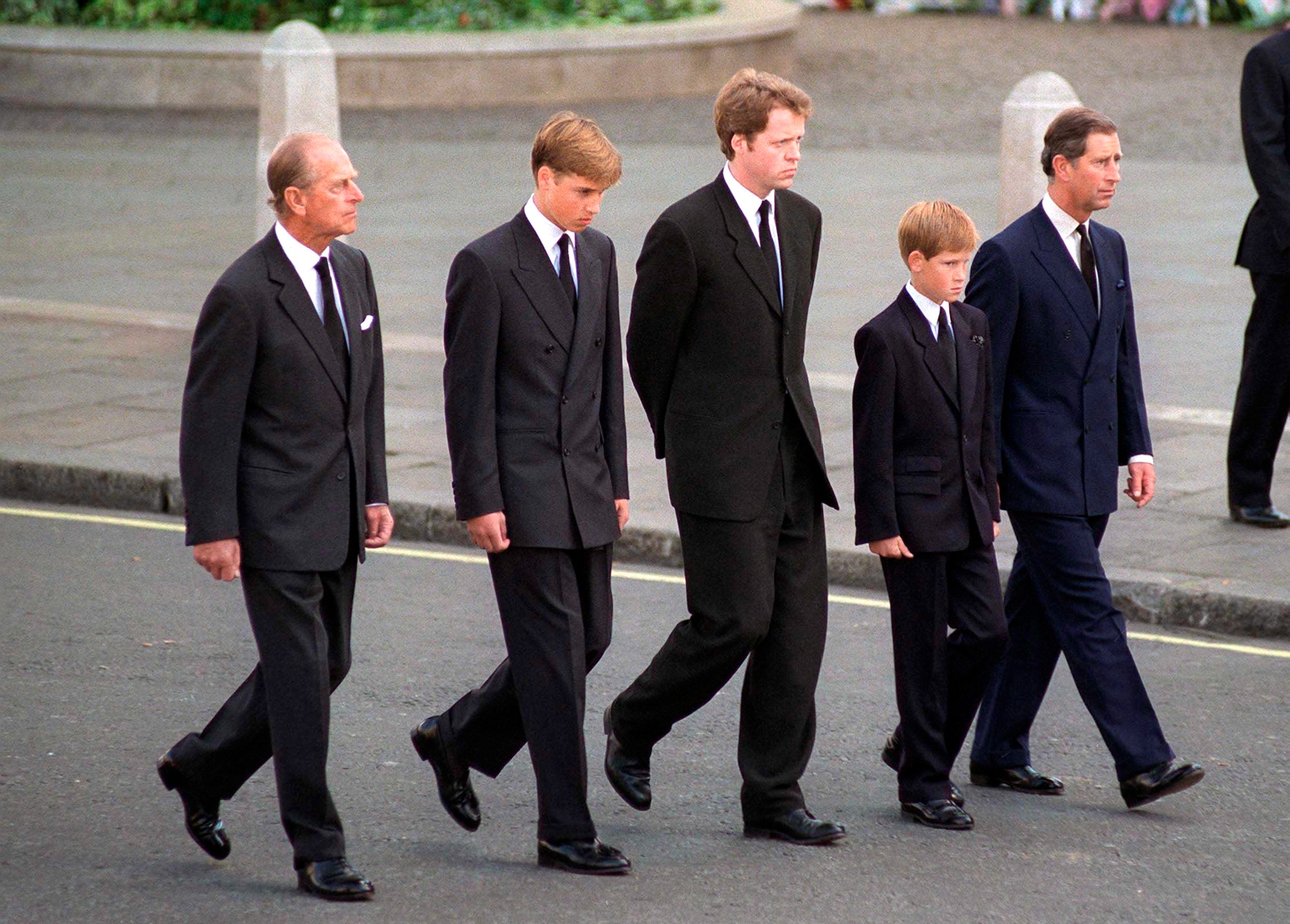 Prince Philip, Prince William, Charles Spencer, Prince Harry and Prince Charles walk behind Princess Diana's coffin at her funeral
