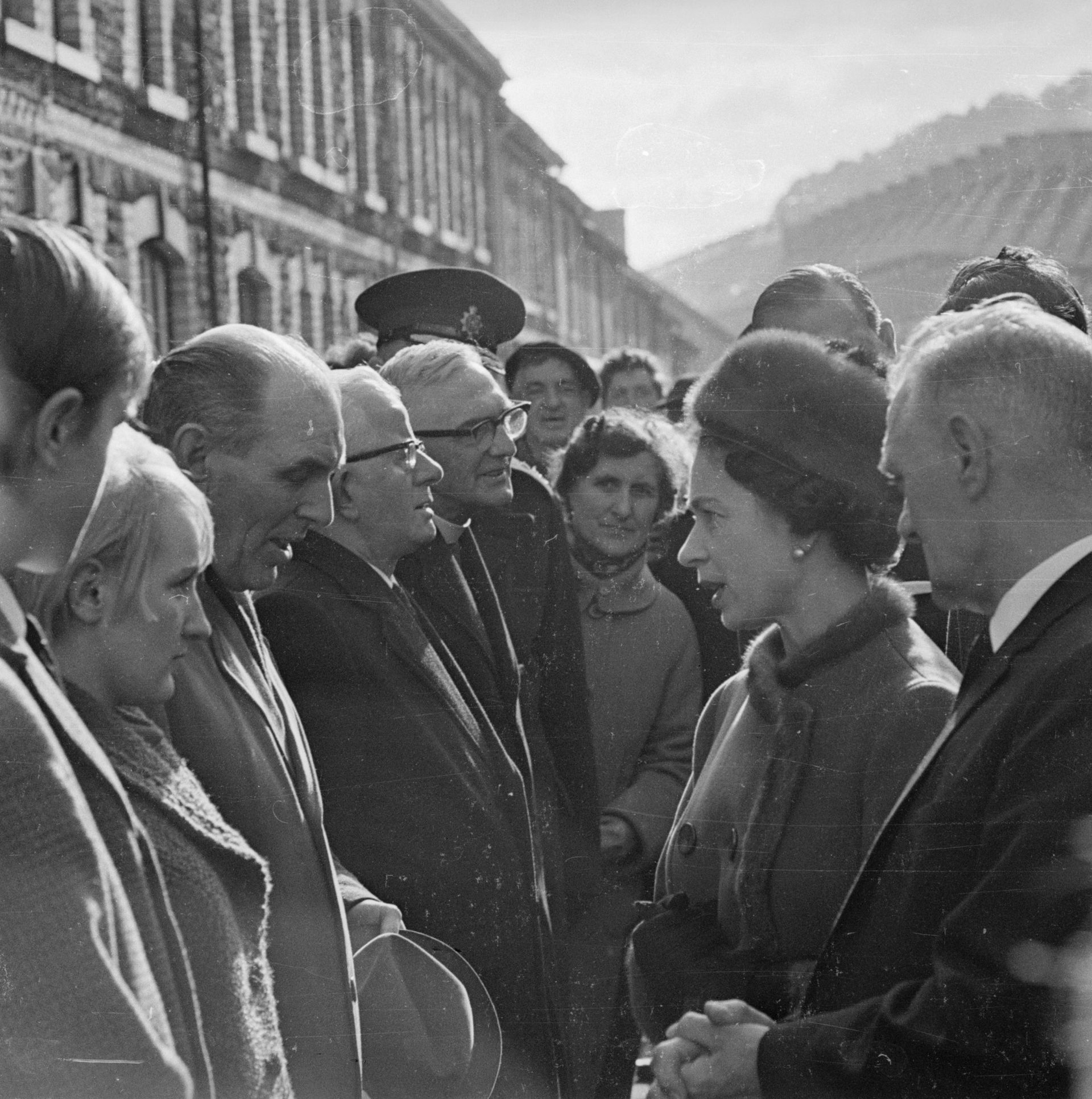 Queen Elizabeth talking to people in Aberfan, Wales