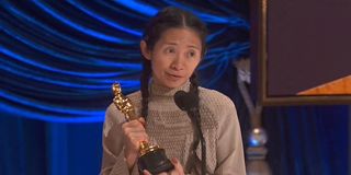Eternals director Chloé Zhao accepts her Best Director award at the Oscars