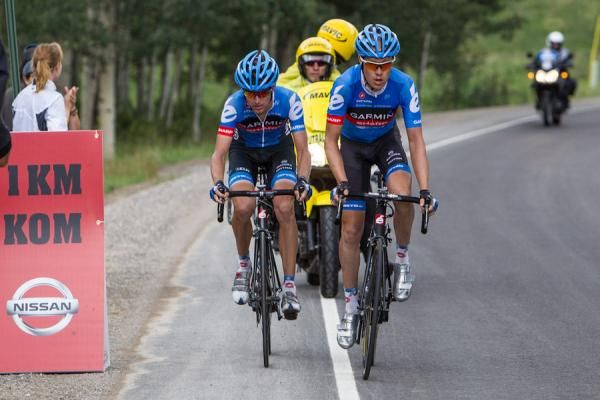 Tom Danielson (Garmin-Sharp) and teammate Peter Stetina with one kilometer to go to the final KOM.
