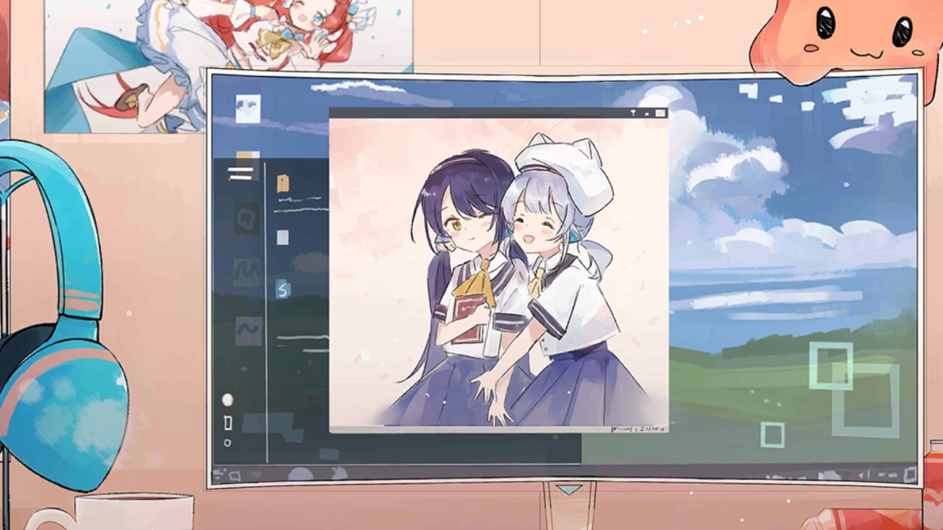 A desktop computer showing a photo of Ilot and a mystery friend.