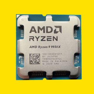 A photo of an AMD Ryzen 9 9950X processor against a yellow background