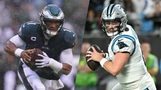 Jalen Hurts and Baker Mayfield on an Eagles vs Cardinals NFL live stream