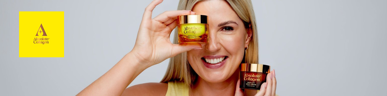 Absolute collagen logo top left with a wide image of a woman holding two products to her face 