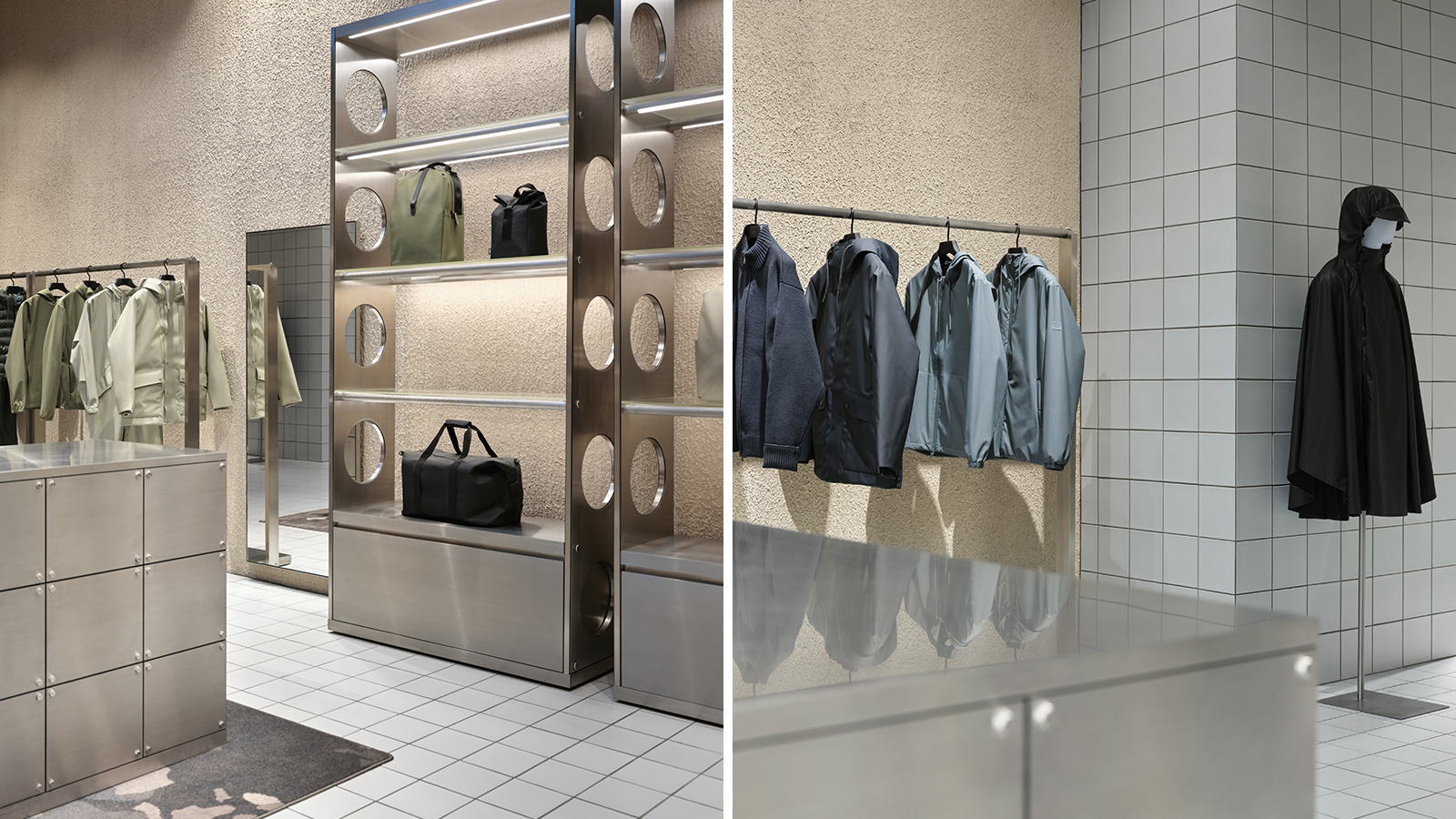 Rains Amsterdam interior showing minimalism and utilitarian design with graphic and colour pops