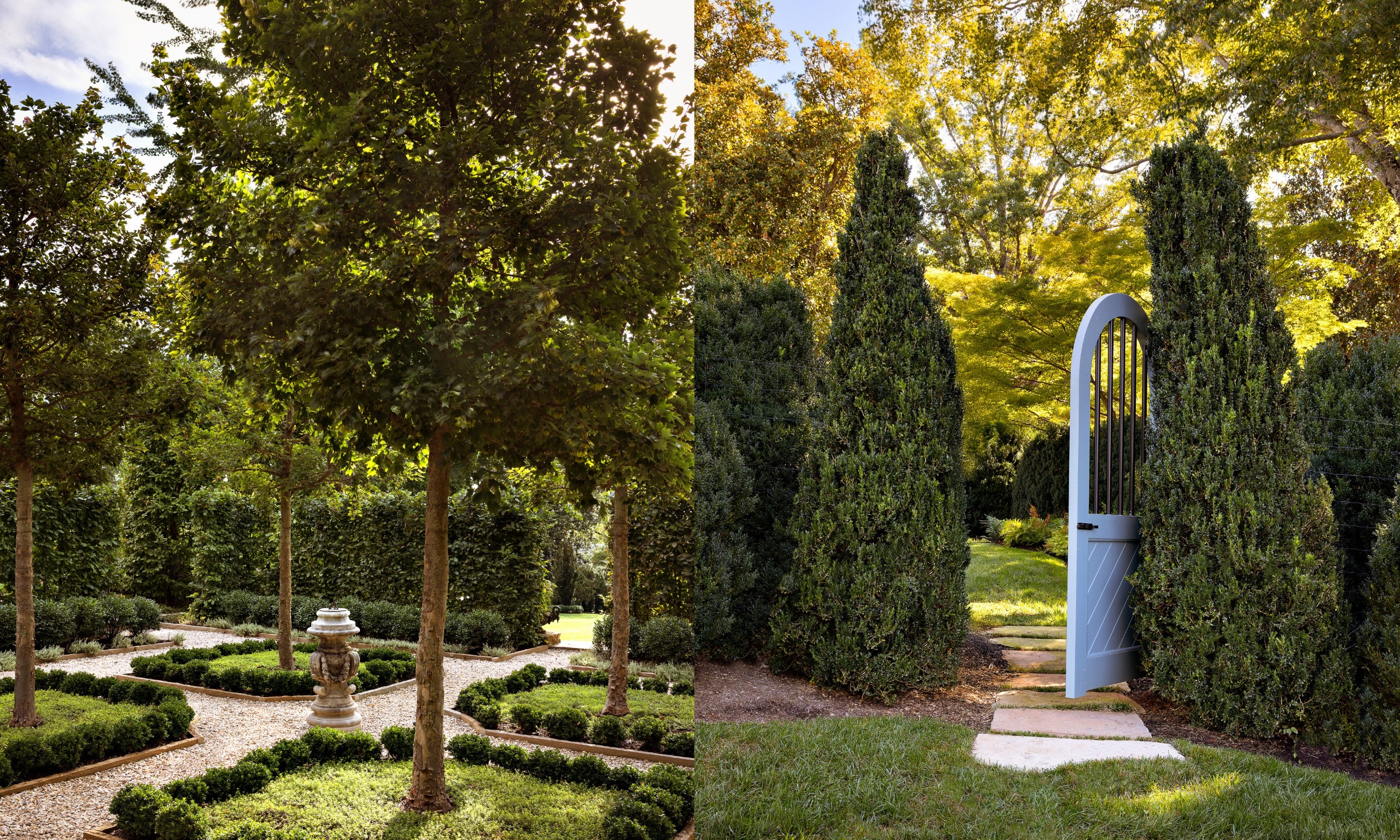 Parterre garden with mature trees, and section of garden on right with large gate between two mature conifers