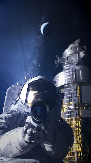 Artist's illustration of an astronaut in the xEMU spacesuit with the Human Landing System in the background.