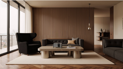 Lifestyle shot of the XGIMI Titan Noir Max on a coffee table in a neutrally decorated living room