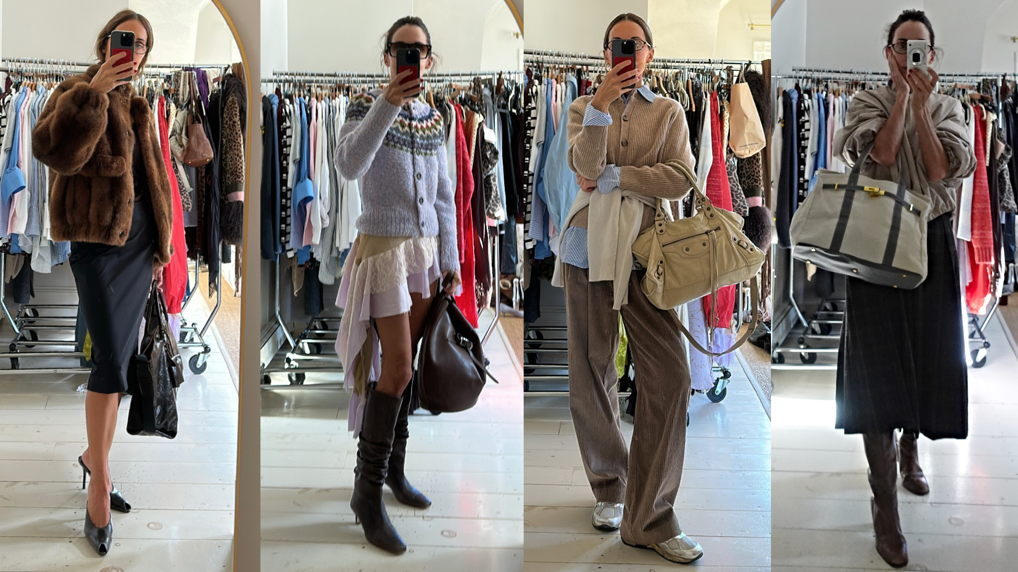 a collage of Larissa Mills wearing outfits and carrying chic, practical tote bags