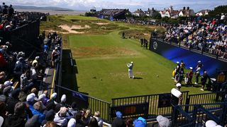 Emiliano Grillo takes his tee shot at Royal Liverpool's 17th hole