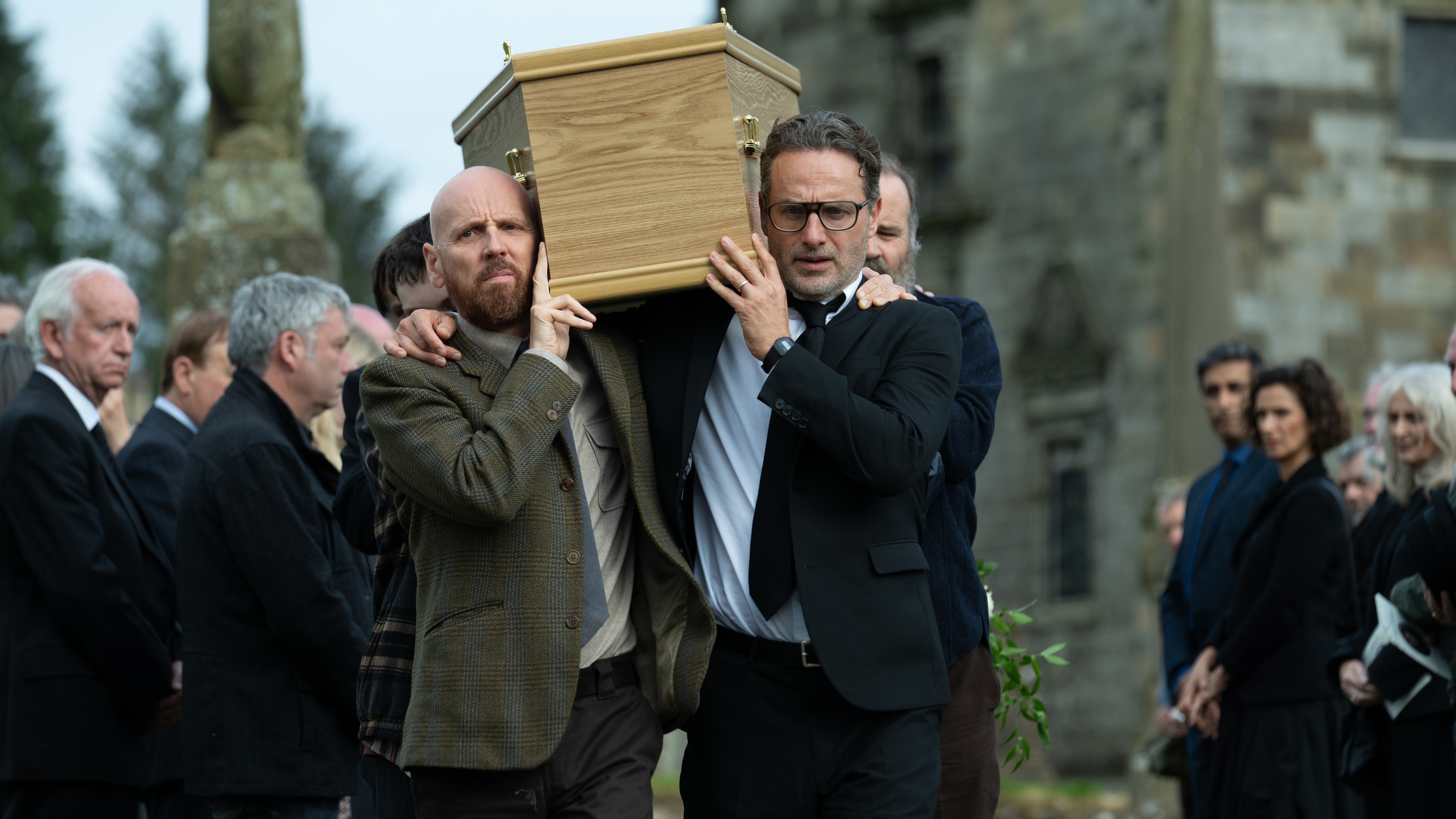 Tommy (Ewen Bremner) and John (Andrew Lincoln) carry Angus coffin in Coldwater episode 3 recap