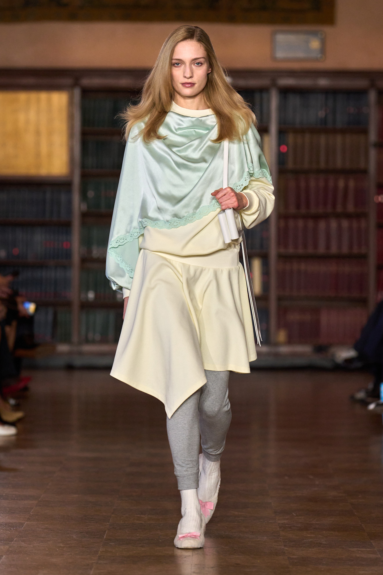 models walk the Sandy Liang Fall 2026 fashion show runway wearing slipper shoes 