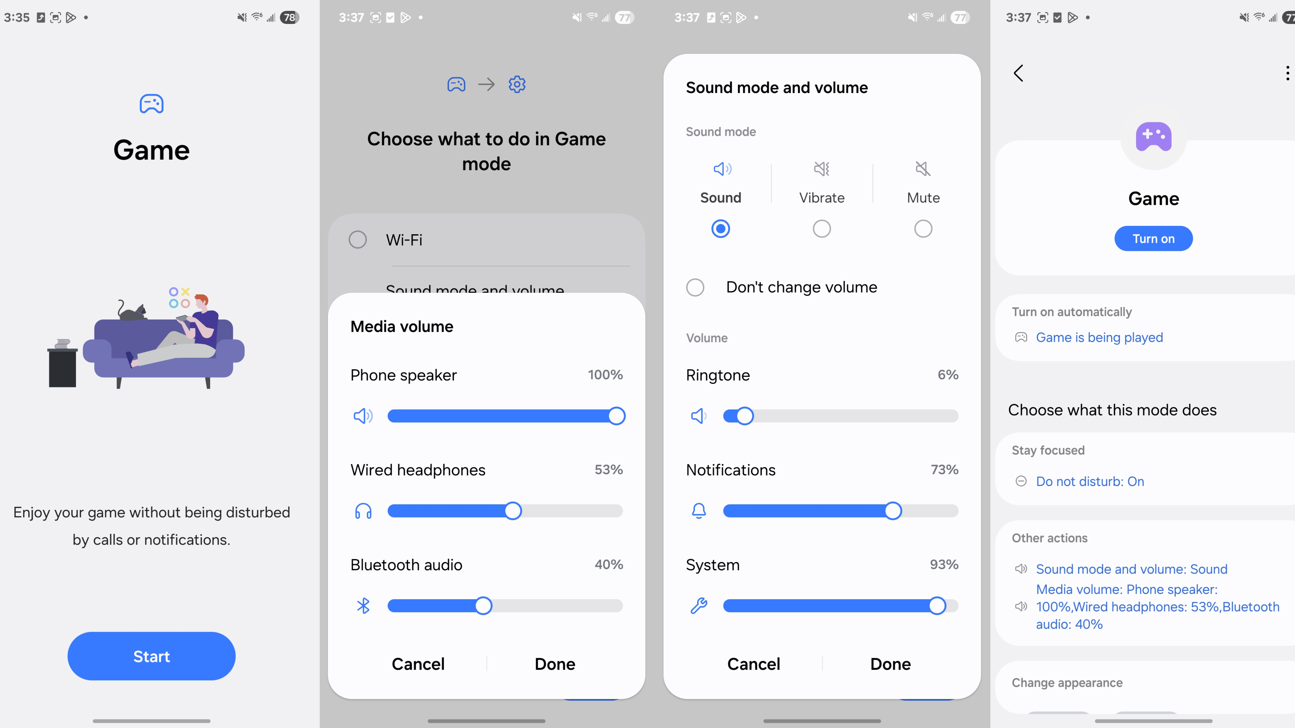 The Game Mode audio routine in the Settings app.