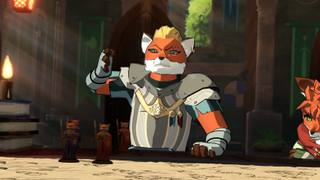 a fox lady in armour stands over a battle planning table