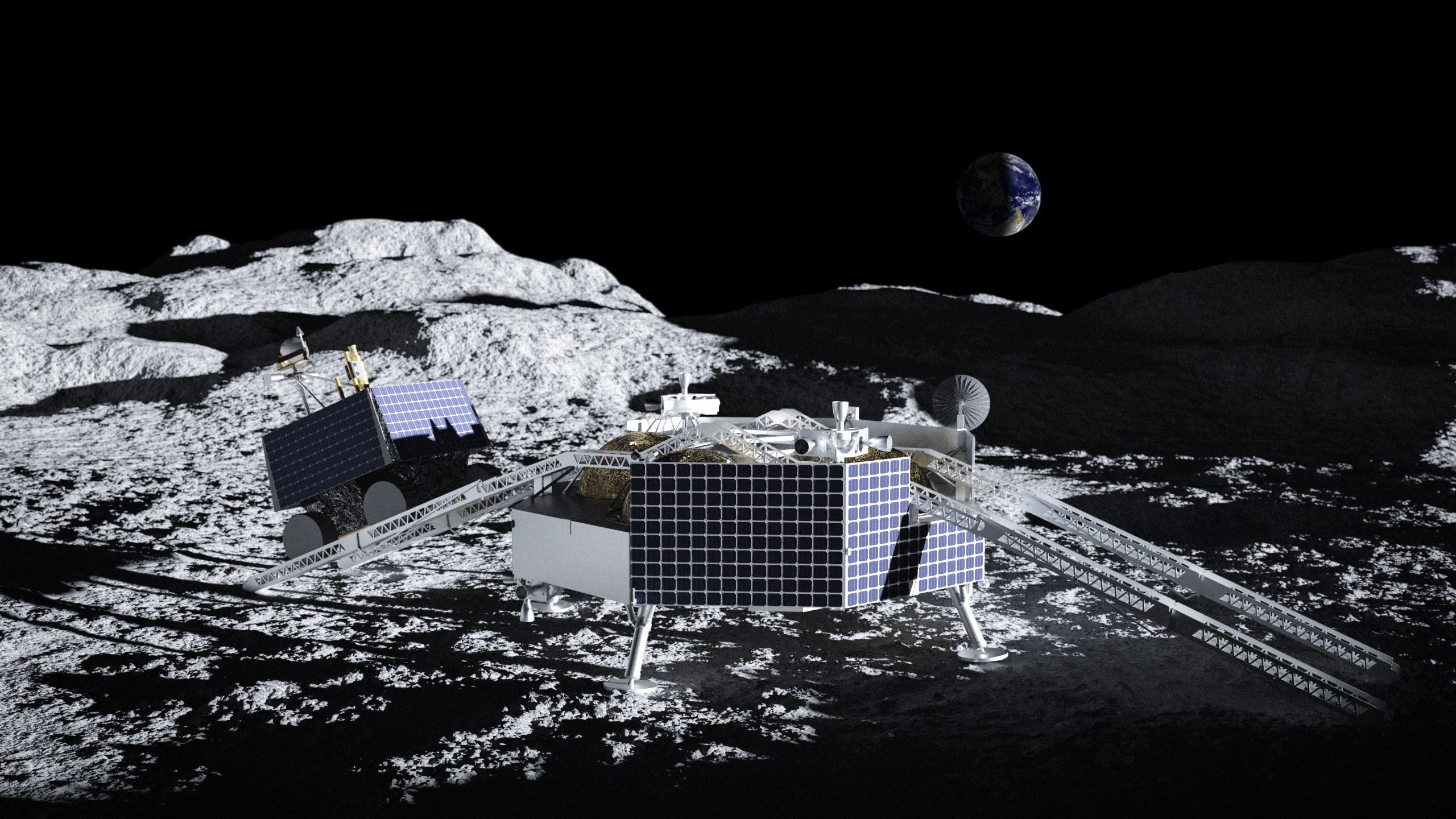 A small rover is using a ramp to drive off the Griffin lander to explore the lunar surface.