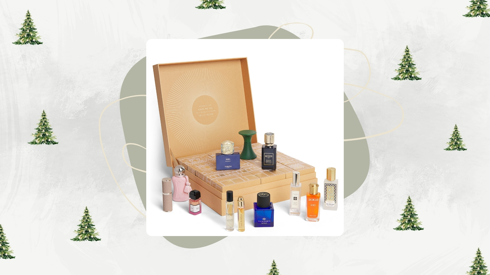 Image of the Harrods Fragrance Advent Calendar 2026 on a white background with Christmas tree details