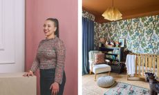 two shots next to each other. On the left, Chizitera Pennington stands smiling and looking off the to the left. On the right, a patterned and layered nursery with mustard yellow ceiling
