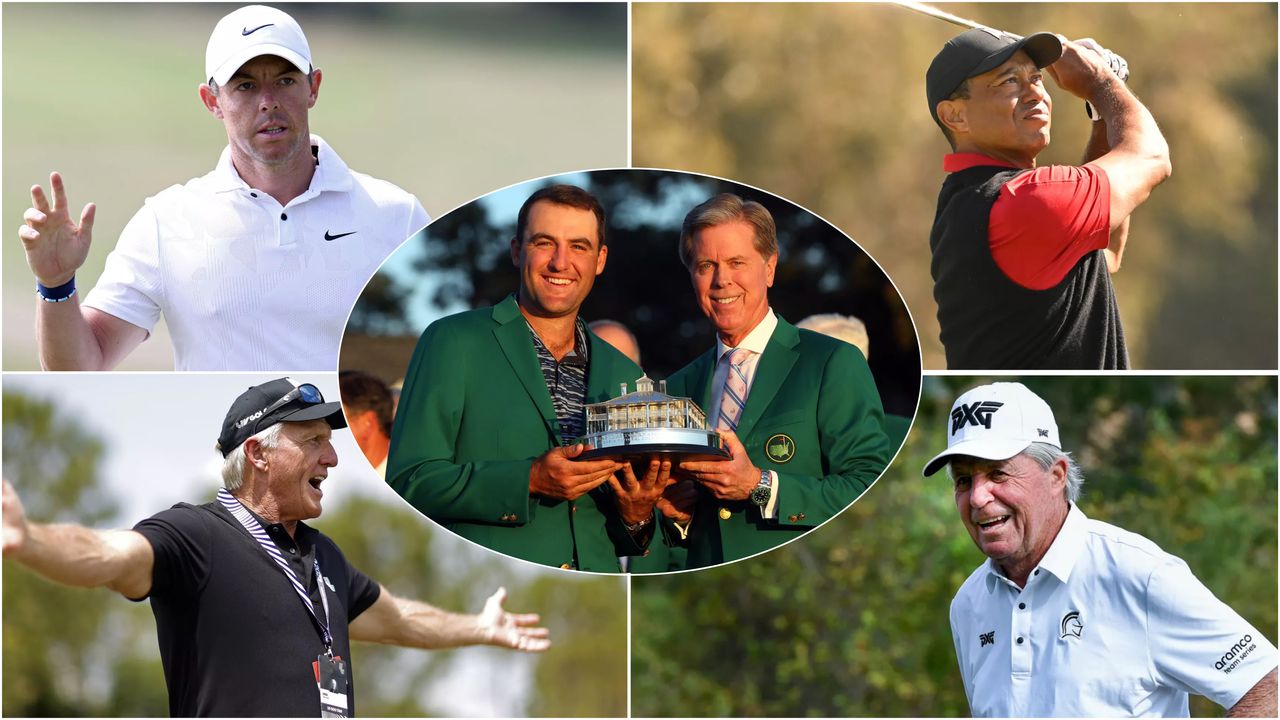 Rory McIlroy, Tiger Woods, Greg Norman, Gary Player and Scottie Scheffler