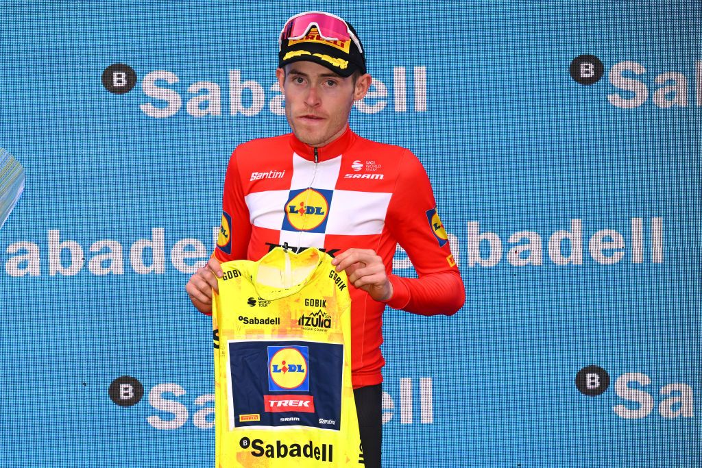 LEGUTIO SPAIN APRIL 04 Mattias Skjelmose of Denmark and Team Lidl Trek poses at podium as Yellow Leader Jersey winner during the 63rd Itzulia Basque Country 2024 Stage 4 a 1575km stage from Etxarri Aranatz to Legutio 550m Race neutralised due to a multiple riders crash and dropouts The breakaway will dispute the victory UCIWT on April 04 2024 in Etxarri Legutio Spain Photo by Tim de WaeleGetty Images