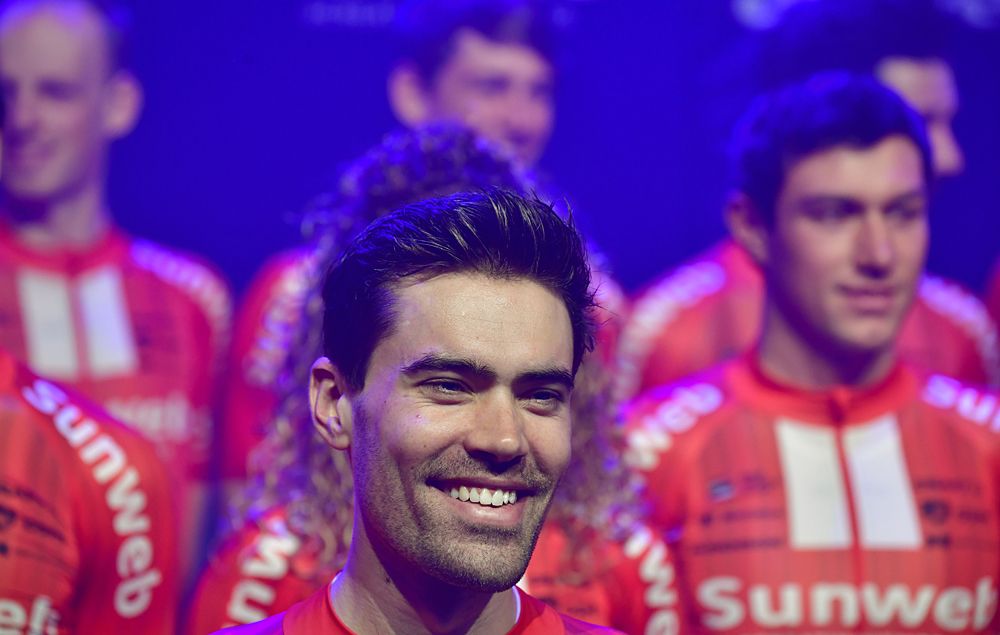 Tom Dumoulin wears the new Sunweb kit at the 2019 team presentation in Berlin