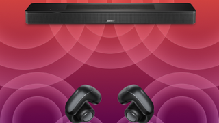 Bose Ultra Open Earbuds and Bose Smart Soundbar pictured together to show surround sound