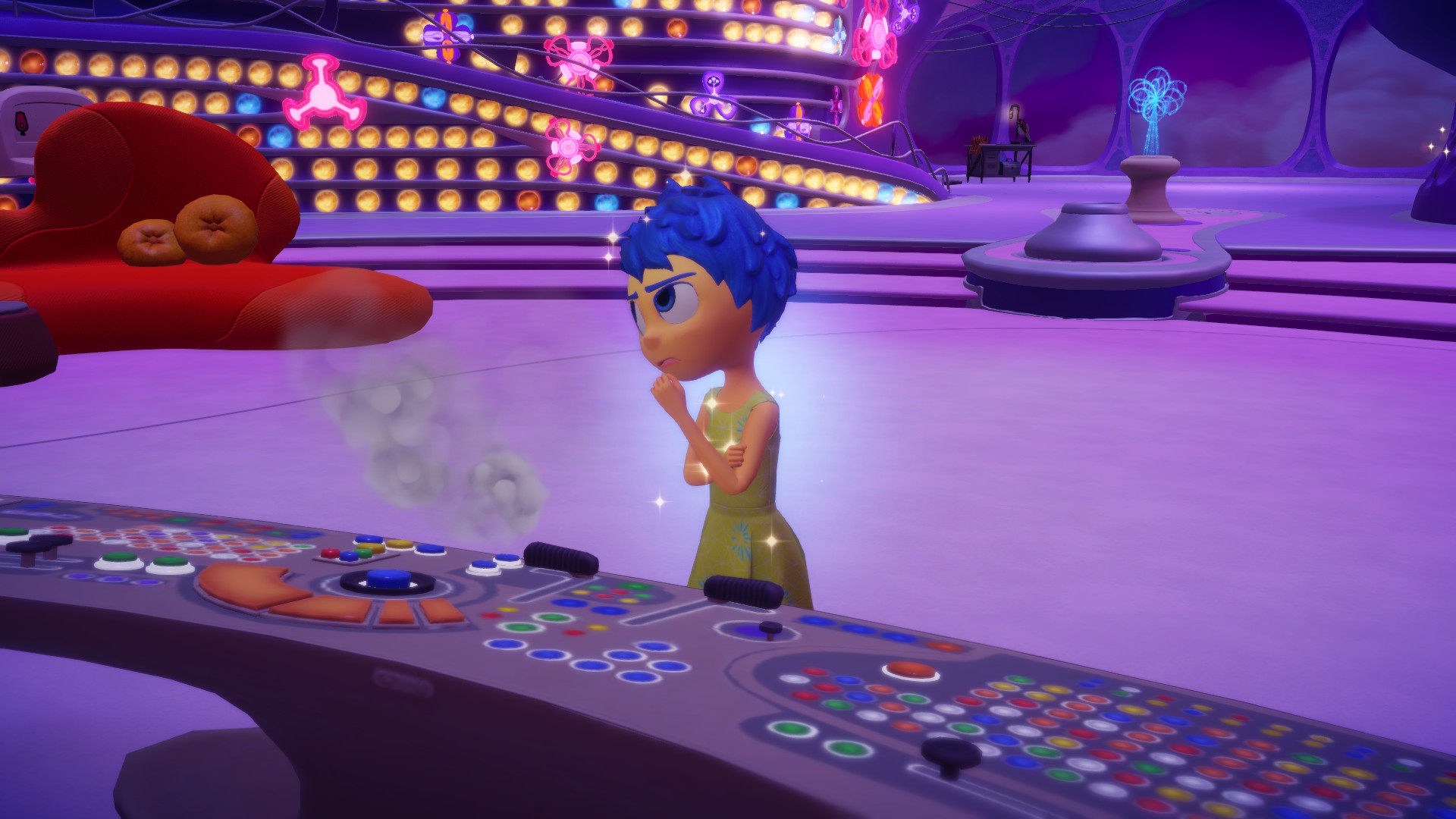 Disney Dreamlight Valley Joy standing by the console
