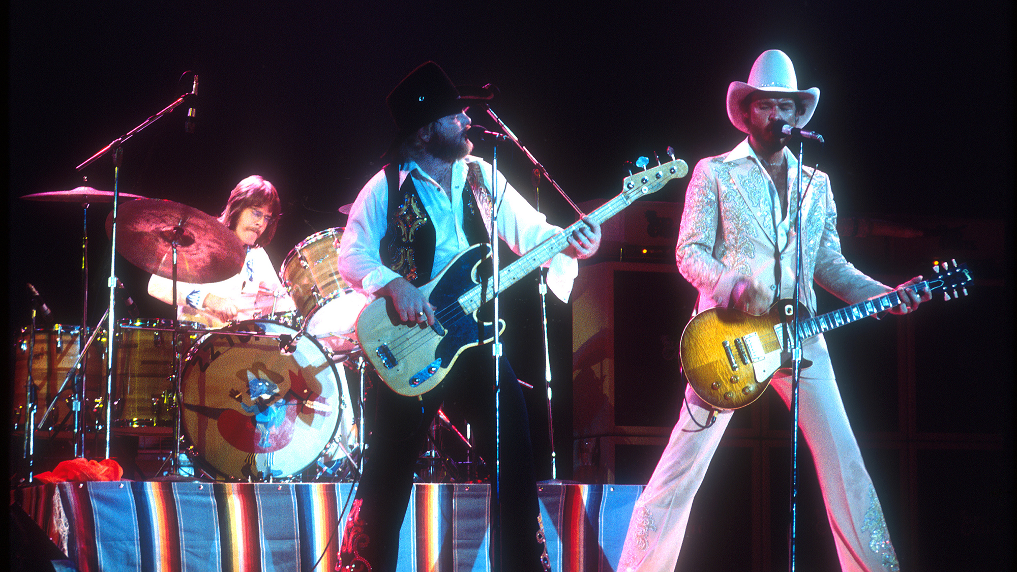 (L-R) Frank Beard, Dusty Hill and Billy Gibbons of ZZ TOP perform in concert at The Forum on June 19, 1975 in Inglewood, California