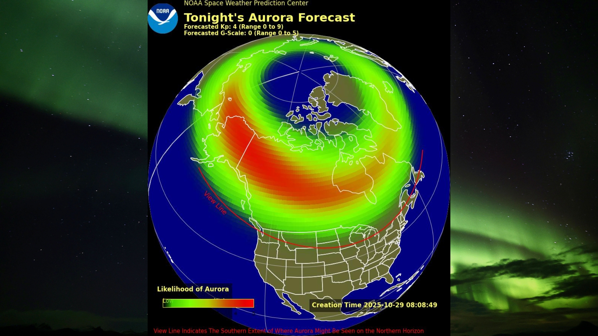 NOAA aurora forecast map for the night of Oct. 29, 2025, showing the probability of visible northern lights over North America. A bright red and green auroral oval is centered over Canada and the Arctic, with a red 