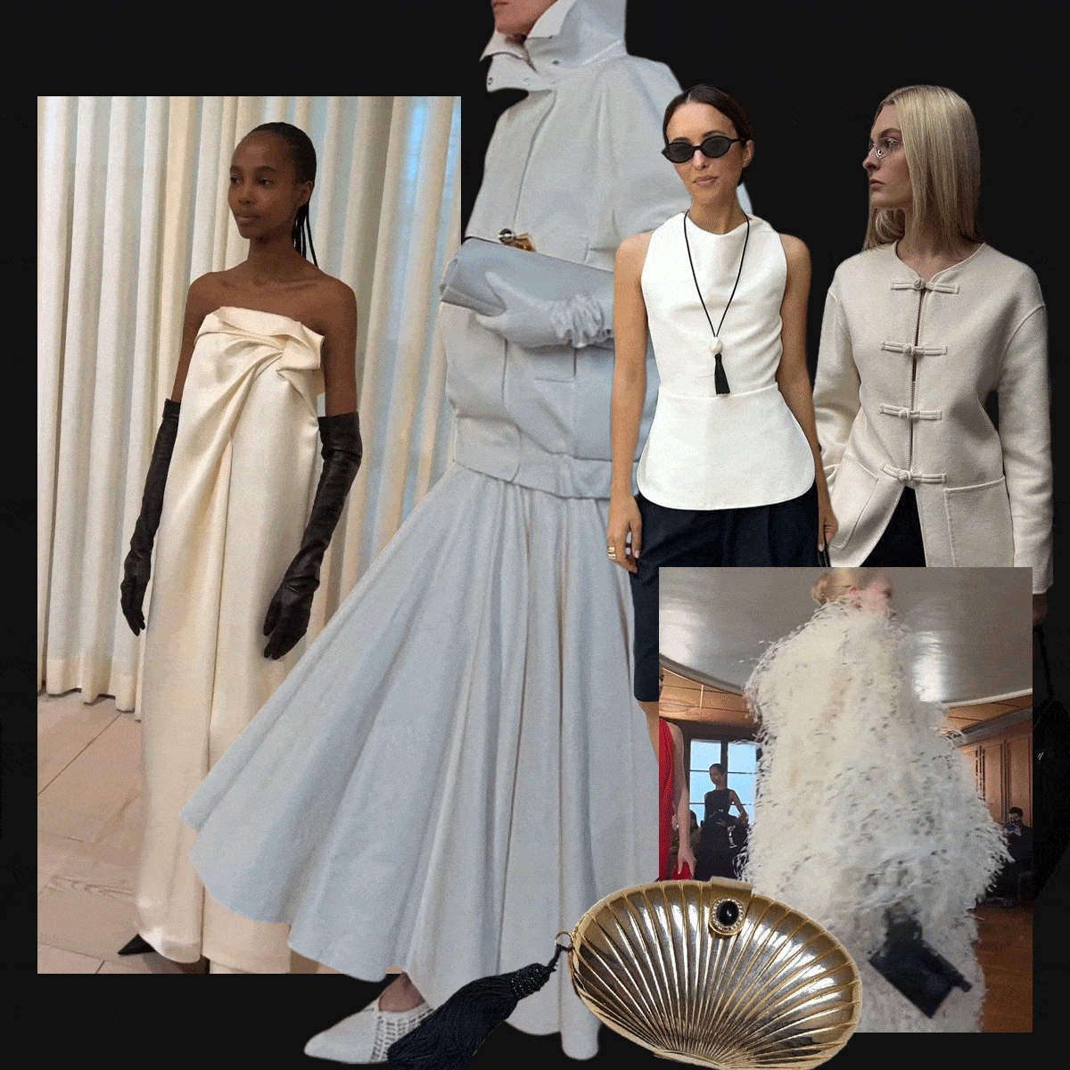 a collage of influencer, runway, and product images highlighting the best opulent minimalist shopping finds