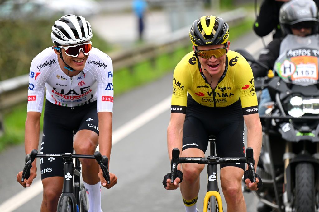AMOREBIETA ETXANO SPAIN APRIL 05 LR Isaac del Toro of Mexico and UAE Team Emirates and Sepp Kuss of The United States and Team Visma Lease a Bike compete in the breakaway during the 63rd Itzulia Basque Country 2024 Stage 5 a 1759km stage from VitoriaGasteiz to AmorebietaEtxano UCIWT on April 05 2024 in AmorebietaEtxano Spain Photo by Tim de WaeleGetty Images