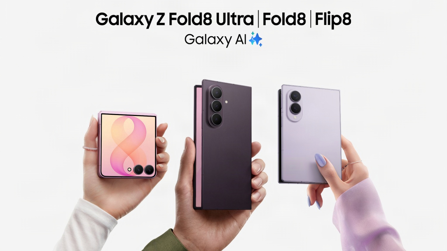 Samsung's 2026 foldable phones held in hands with the model names at the top