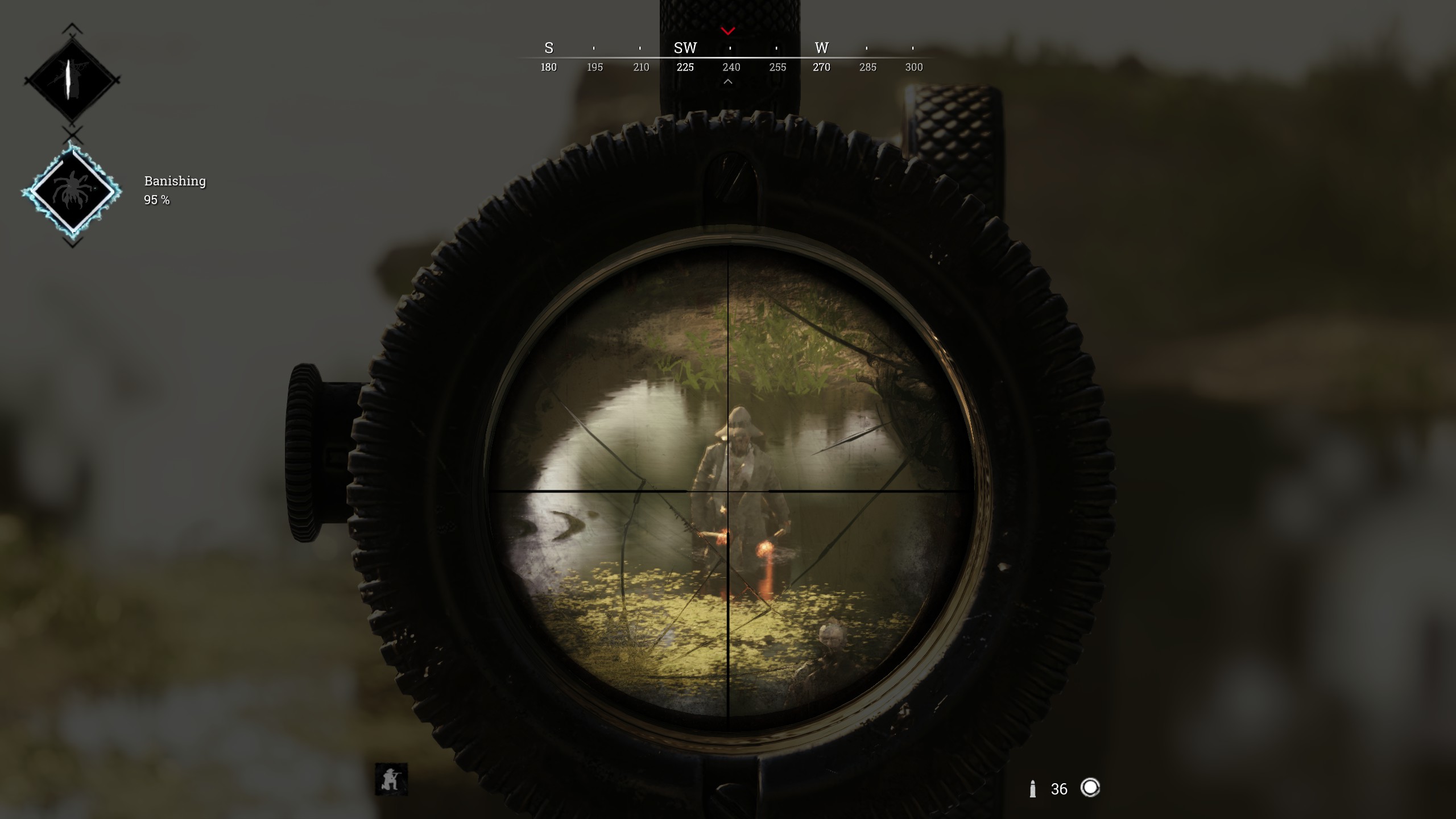 Looking through a scope at someone walking through a swamp