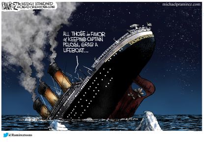 Political cartoon U.S. Democrats sinking Nancy Pelosi