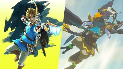 Link fires an arrow with a bow and Revali in Breath of the Wild