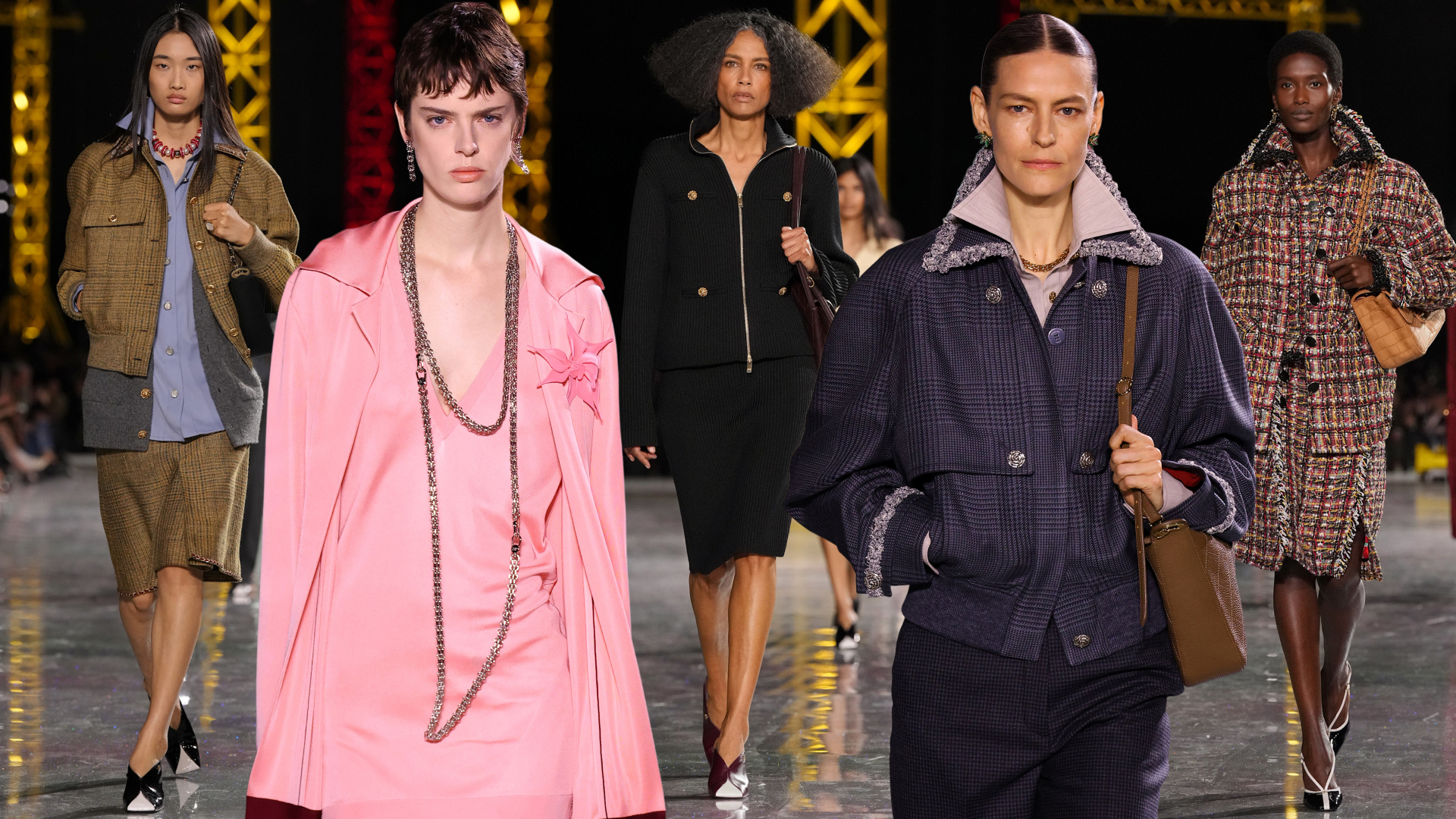 five models walking the Chanel fall 2026 fashion show runway