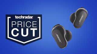 Bose QuietComfort Earbuds 2 on a blue background, beside text that reads 'price cut'