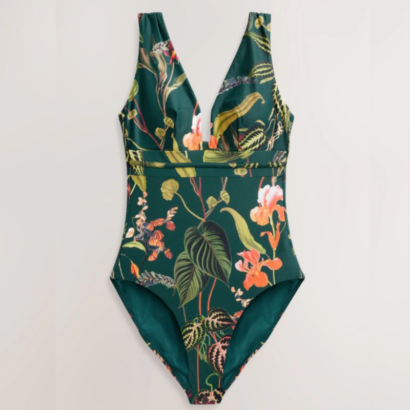 emerald green swimsuit with tropical print