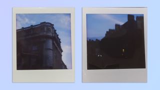 Two photos of buildings taken at sunset, taken on a Lomography Lomo’Instant Square Glass camera